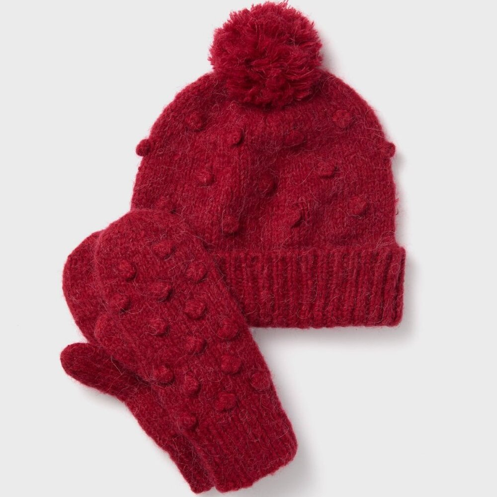 Red Pom Pom Hat and Mittens Set